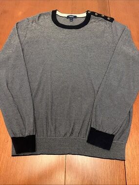 Faconnable Men’s Navy and Gray Striped Crewneck Sweater with Button-Shoulder